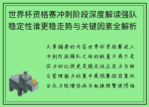 世界杯资格赛冲刺阶段深度解读强队稳定性谁更稳走势与关键因素全解析 世界杯资格赛冲刺阶段深度解读强队稳定性谁更稳走势与关键因素全解析